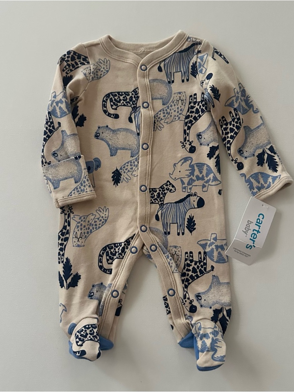 Carter's Newborn Baby Boy Beige One-Piece Footie Pajamas Animal Print NWT Cotton